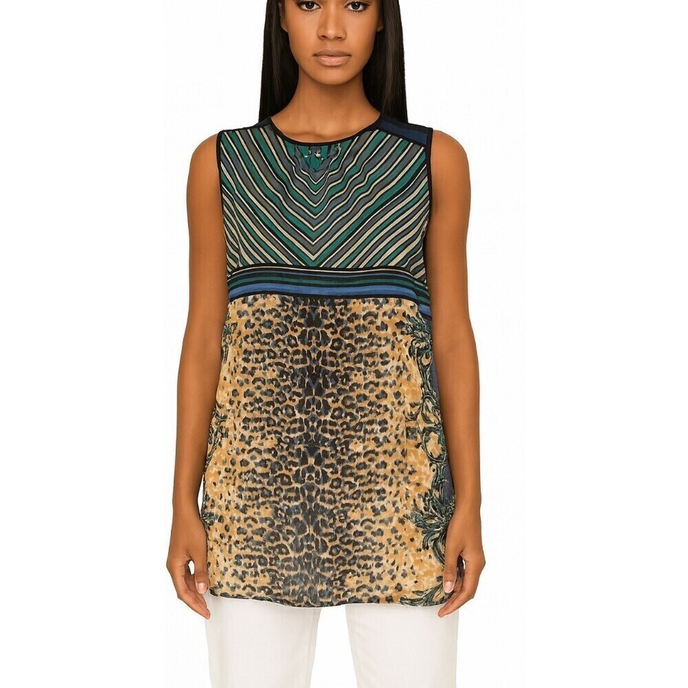 Cabi Buchanan mixed print top blouse tank black lightweight keyhole back SZ LG